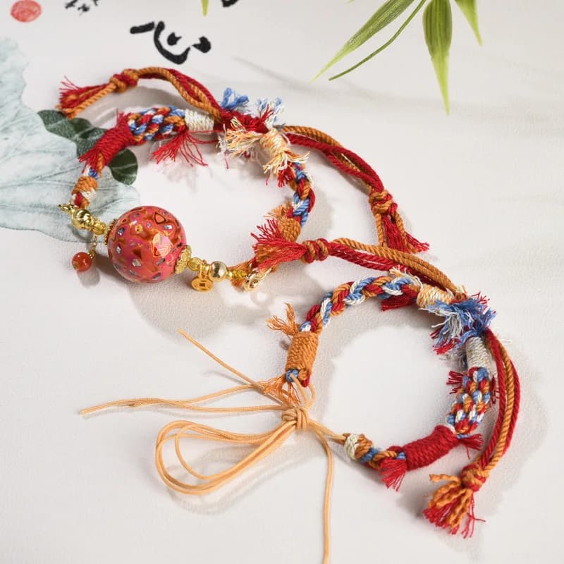 Braccialetto Intrecciato a Mano con Grande Perla Portafortuna, Regolabile, Regalo per Donne, Accessorio in Corda di Cotone con Cristalli