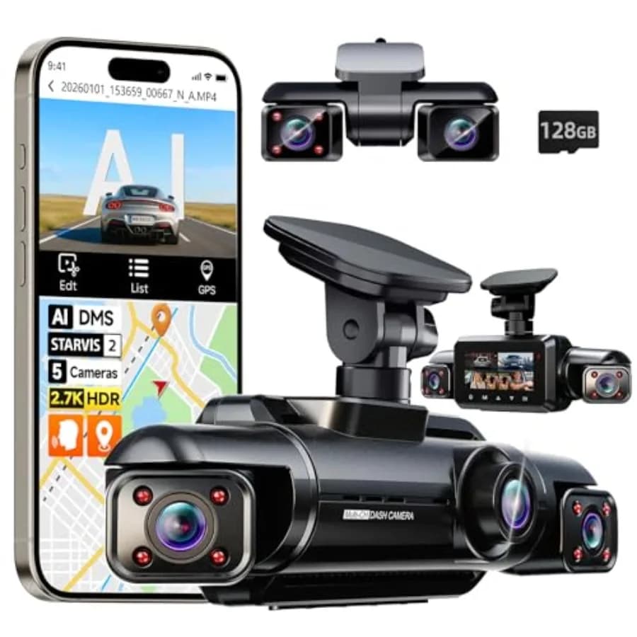 Dash Cam a 5 Canali 360° per Auto Anteriore e Posteriore, Sensore STARVIS 2, Nero, Risoluzione 2.7K + 41080P, Allerta AI per Stanchezza, Visione Notturna HDR