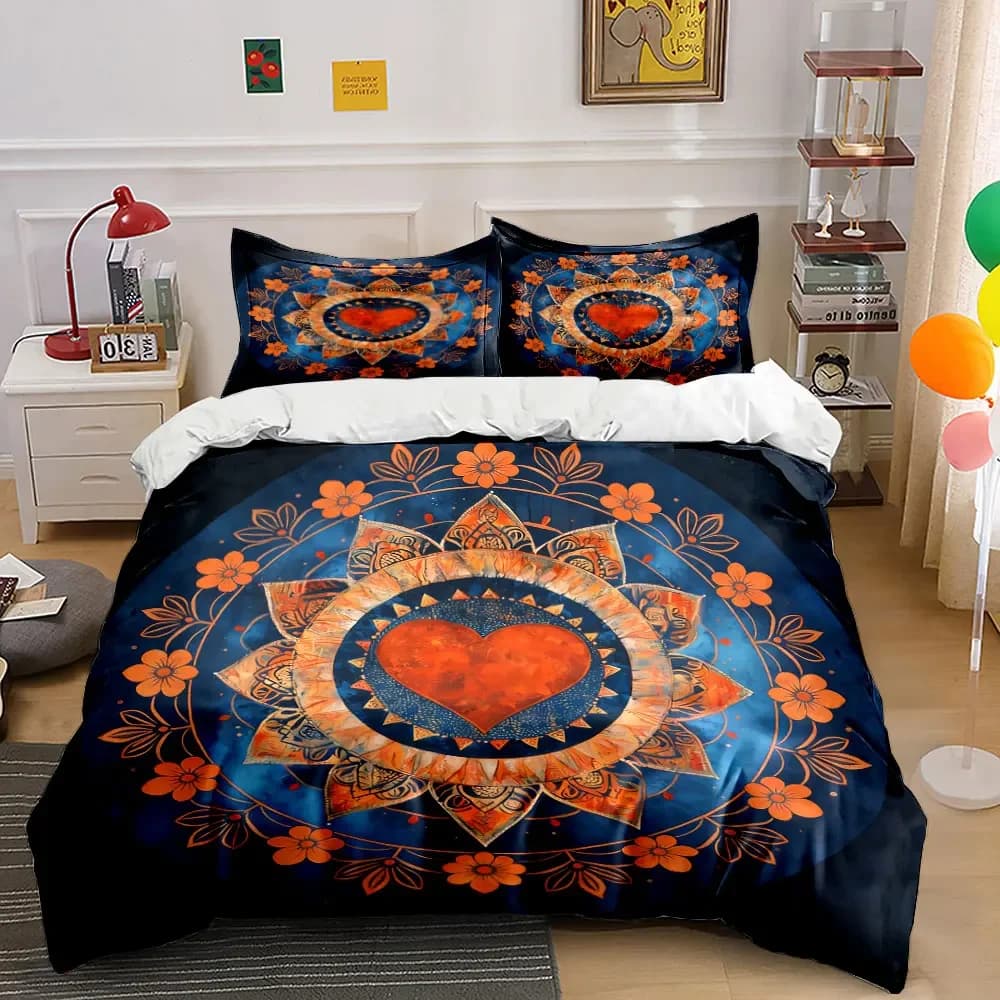 Mandala Heart Pattern Decor Set Soft Comfortable Duvet Cover Bedding Set Included 1*Duvet Cover & 2*Pillowcases, gift