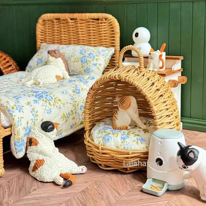 1/6 Articoli per mobili in miniatura per casa delle bambole Mini cestino per lettiera per gatti intrecciato Modello di scena fai-da-te per accessori decorativi per casa delle bambole