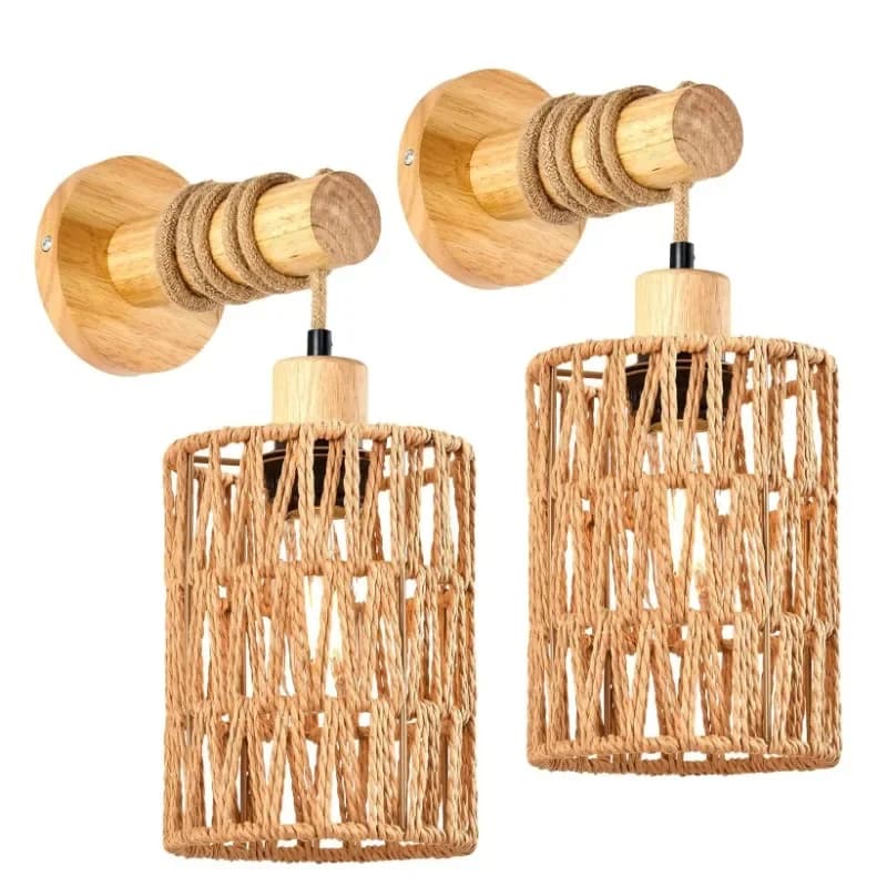 Lampada da parete per testata da letto con design in corda di canapa Lampada da parete a forma cilindrica per paralume di illuminazione decorativa per camera da letto, fattoria, campagna