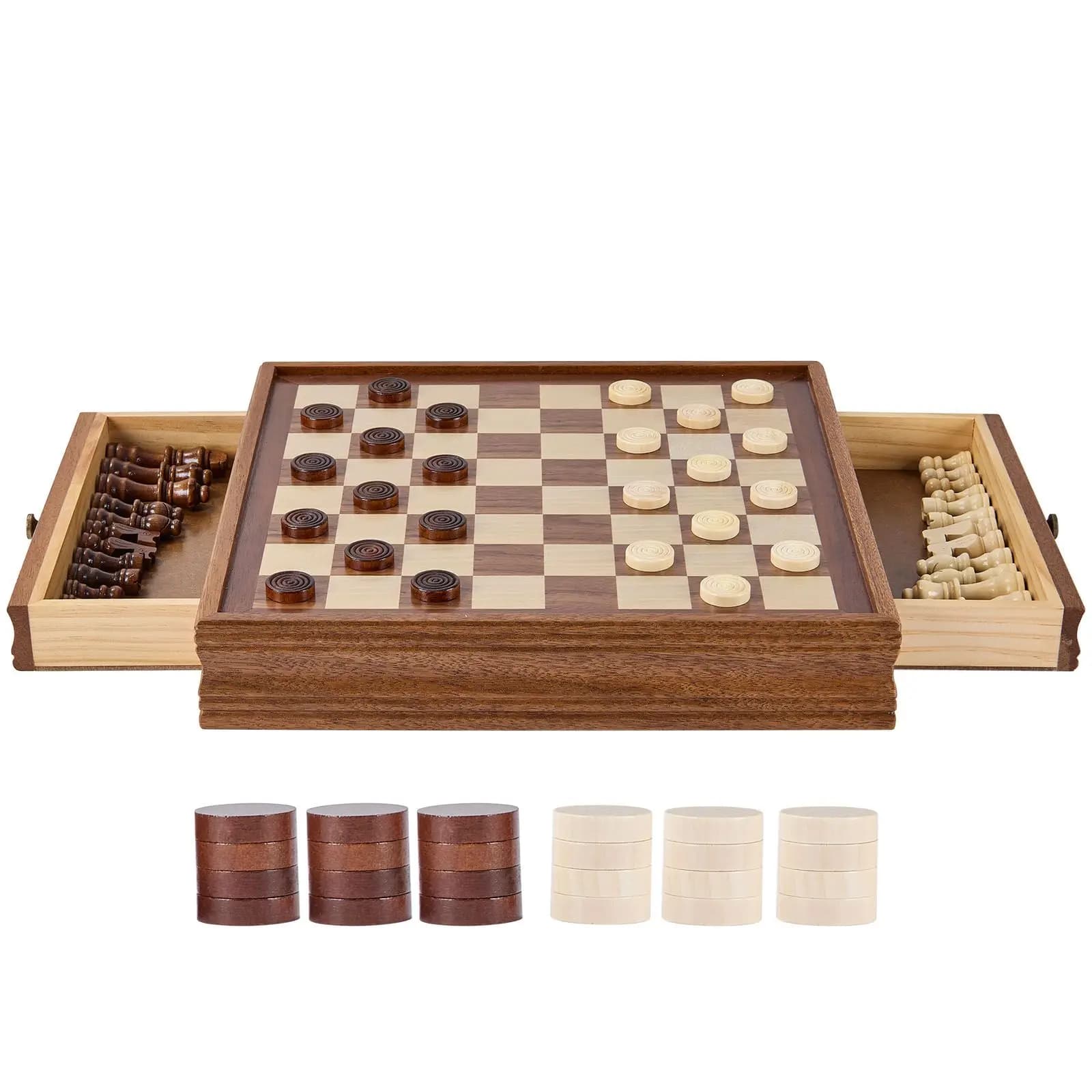 Solid Wood Chess Set, 15 Inch 2-IN-1 Chess Checkers Game Set, Chess Board Games with Storage Drawer & Weighted Chess Checkers
