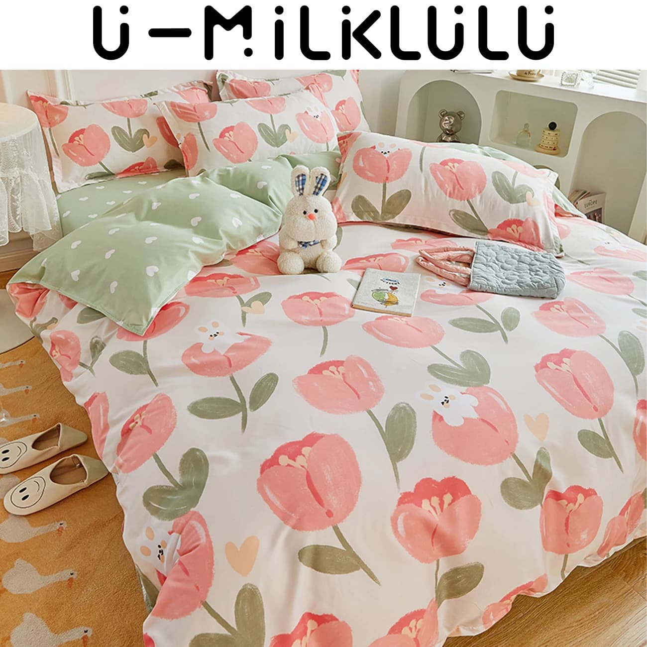 Set biancheria da letto a doppia faccia con fiore rosa AB, piumino da letto rotondo verde, Set piumino, King e Queen Size, federa, letti in cotone