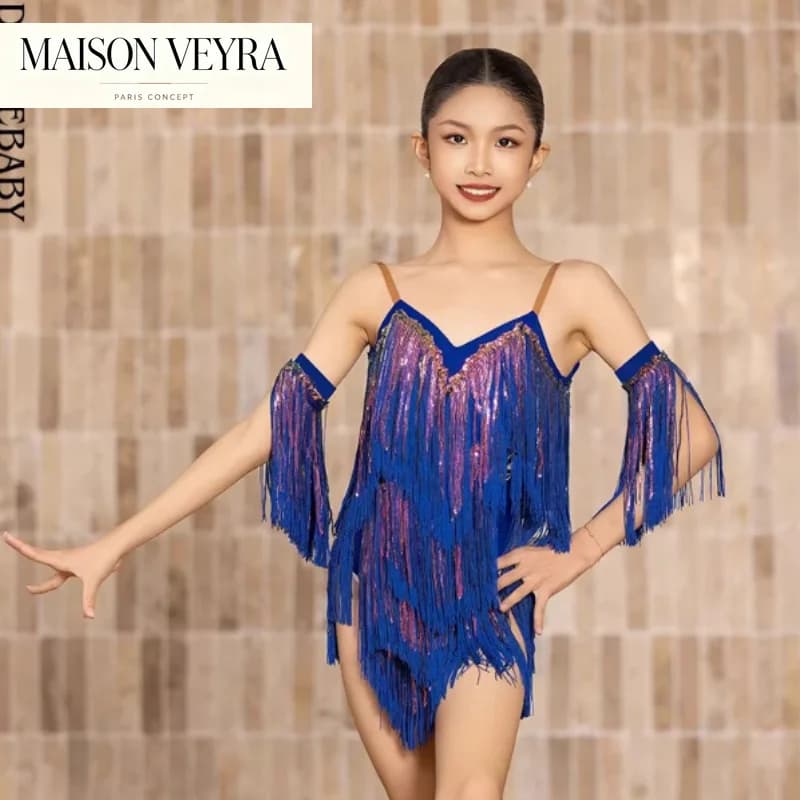 2026 New Latin Dance Costume Children Summer Sling Tassel Girls Dress Cha Cha Practice Clothes Beach Party Dance Wear