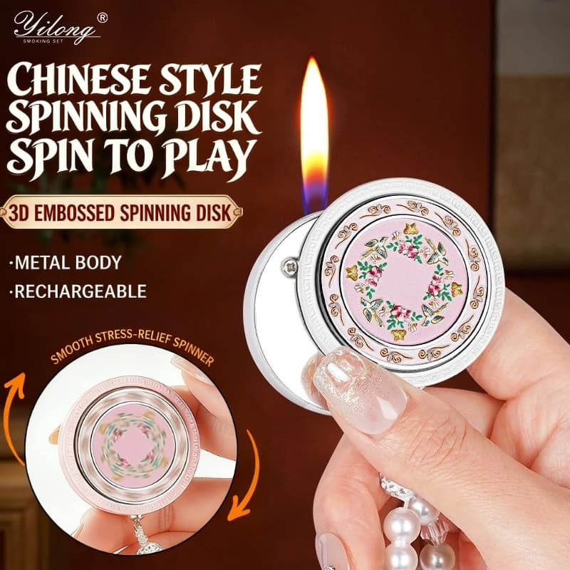 Accendino Creativo Stile Cinese con Spinner Rotante, Motivo Floreale 3D e Uccelli, in Lega Ricaricabile con Fiamma Aperta per Alleviare lo Stress