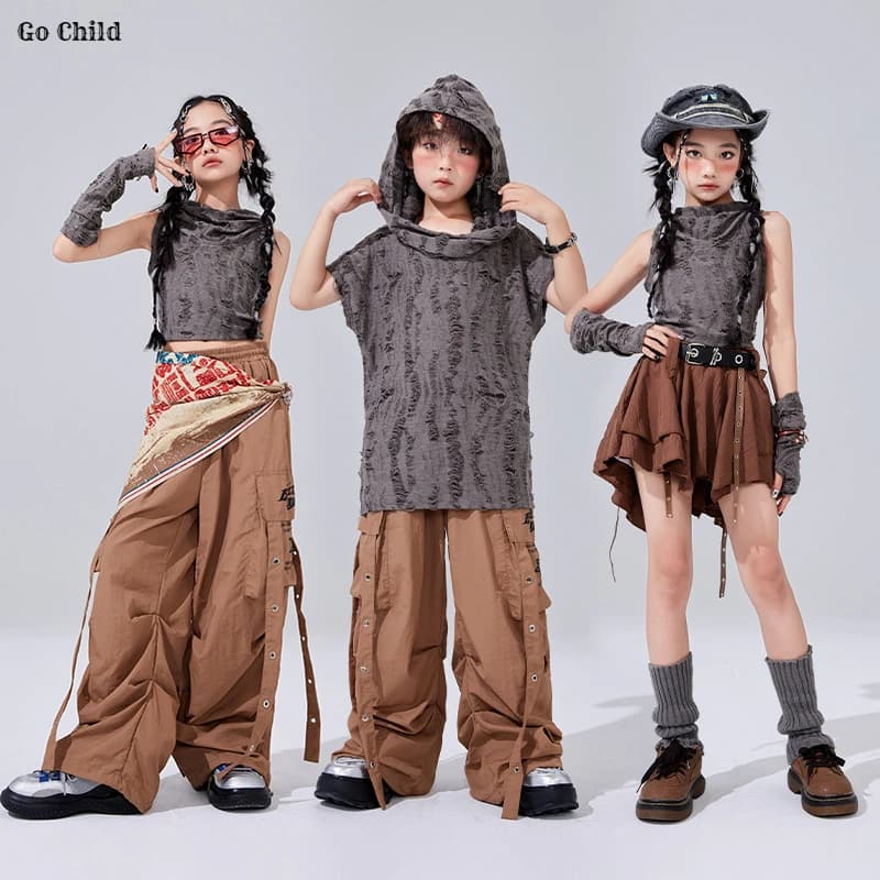 Hip Hop Ragazze Wasteland Felpe con cappuccio Pantaloni cargo Gonne da ballo di strada Ragazzi Streetwear Bambino Costumi fantastici Bambini K-pop Punk Set di vestiti