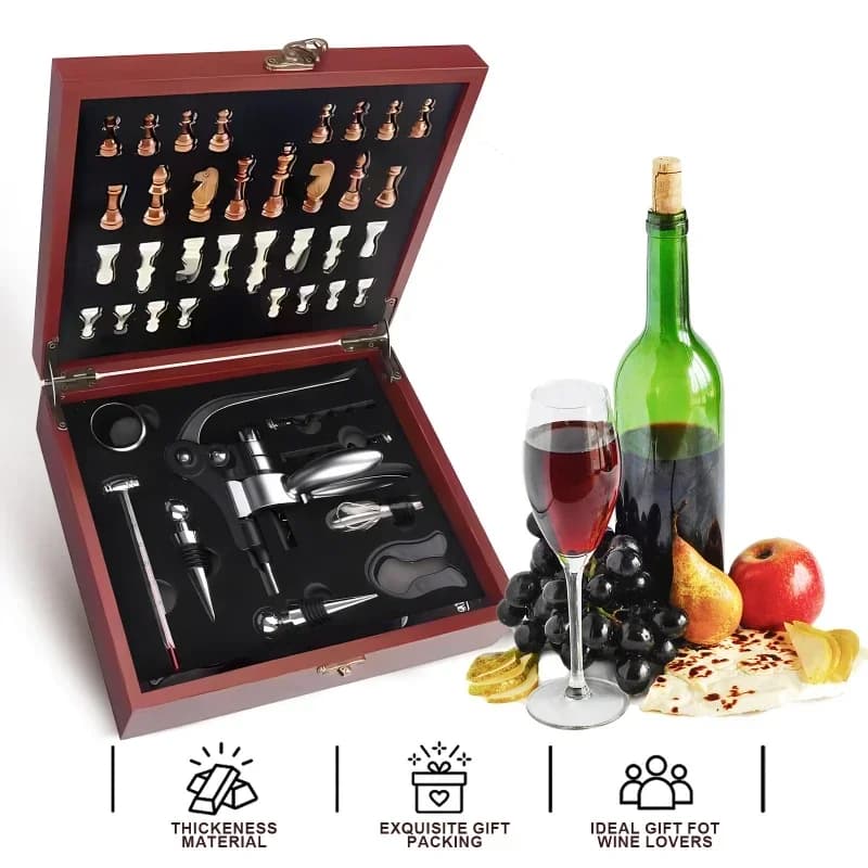 Set Apribottiglie 2 in 1 con Scatola Regalo in Legno e Set di Scacchi, Utensili da Bar Multifunzionali per Aprire Vino e Pressare i Tappi, Set Cavatappi