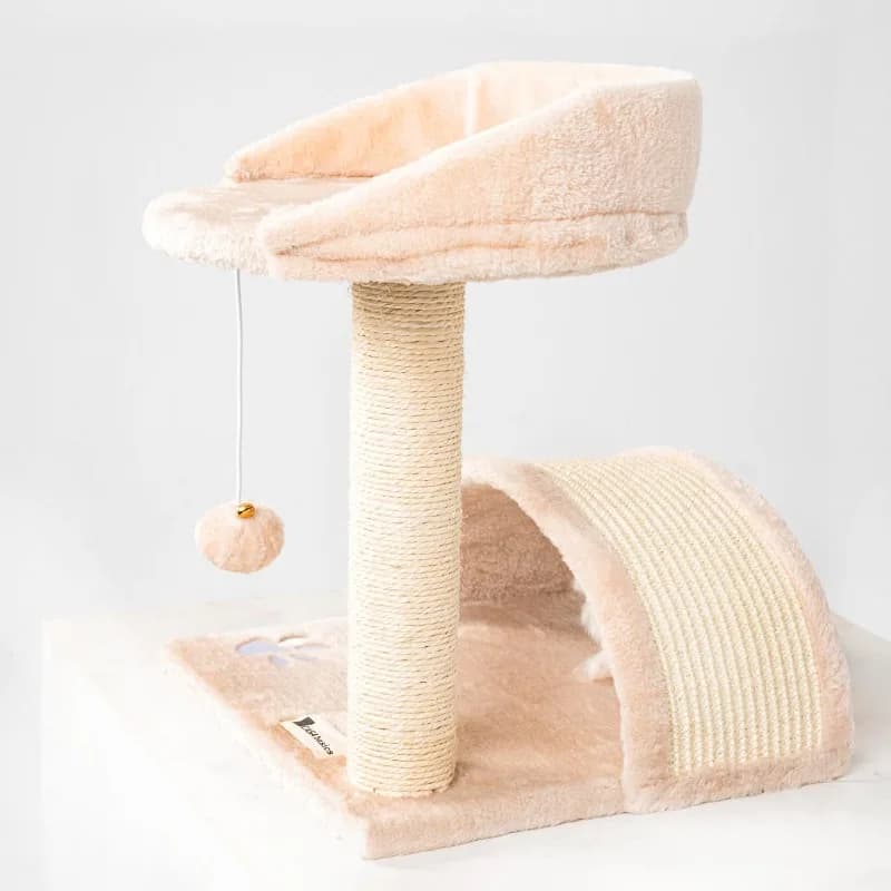 Albero mobile beige compatto per gatti alto 45 cm con piattaforma a colonna raschietto e giocattolo, cartone da imballaggio in carta sisal in legno