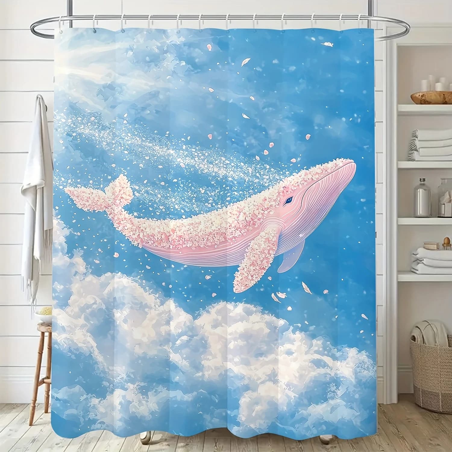 Tenda da doccia stravagante balena rosa da 1 pezzo: stile nordico moderno, stampa digitale con ganci, poliestere lavabile in lavatrice, ideale per