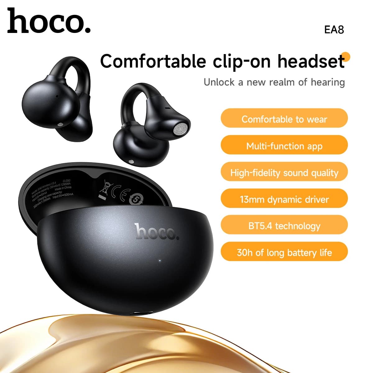 HOCO EA8 OWS Clip per l'orecchio Auricolari True Wireless Auricolare Bluetooth Controllo app Auricolari stereo per sport Suoni Hifi Musica Nero