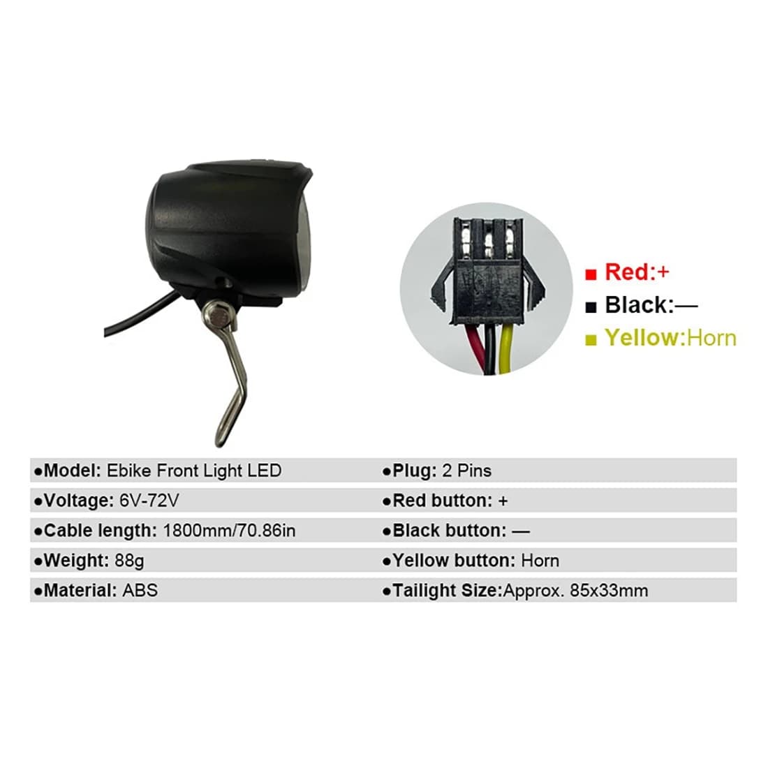 Set Luci Anteriori e Posteriori per Bicicletta Elettrica Sportiva 12-72V, Kit di Cavi di Collegamento per Faro e Luce Posteriore E-Bike, Accessori per Ciclismo