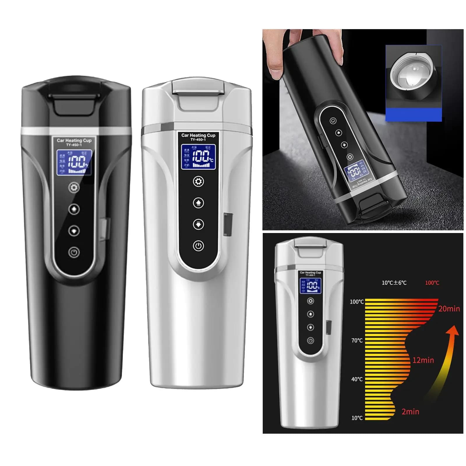 Bollitore Elettrico per Auto 12V 24V, Tazza Riscaldante Portatile con Display Digitale 450ml