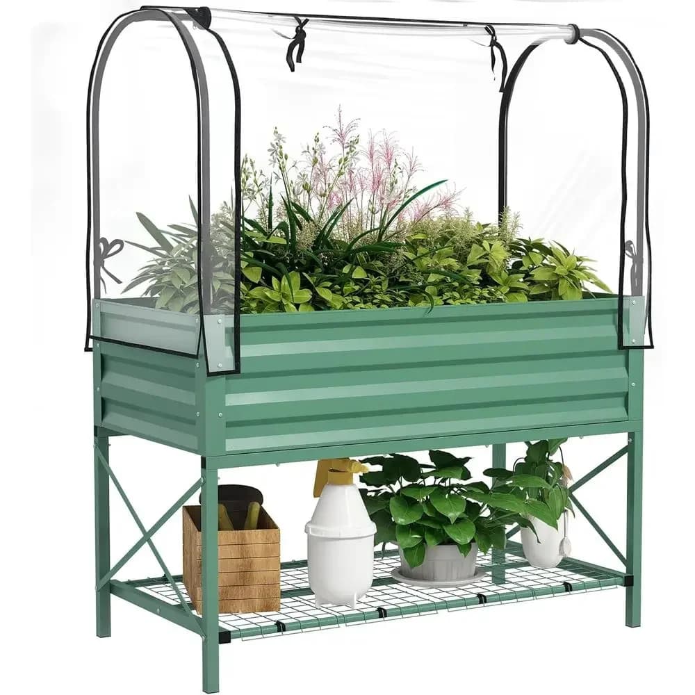 Green Metal Elevated Planter Box with Cover and Storage Shelf for Vegetables, Flowers, and Herbs