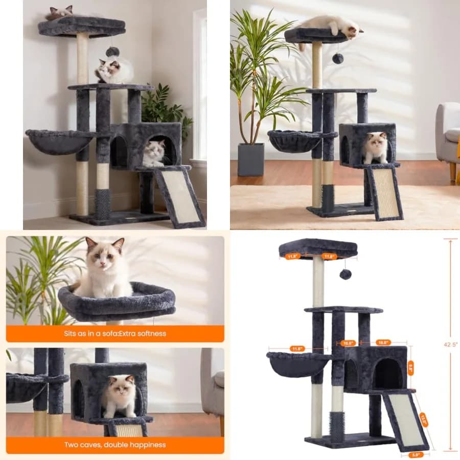 Albero per gatti con spazzola autopulente, torre per gatti da interno con cuccia imbottita in peluche, casetta per gatti con cestino per grattare