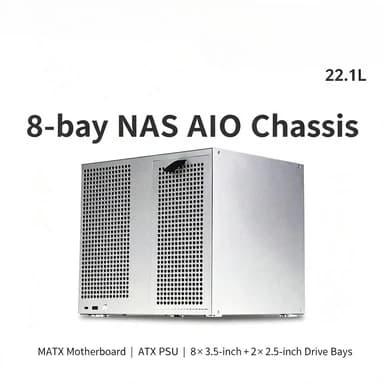 8‑Bay NAS Chassis With Hard Drive Backplate ATX Power Supply MATX Motherboard Anodized Aluminum Full‑Height Storage Server Case