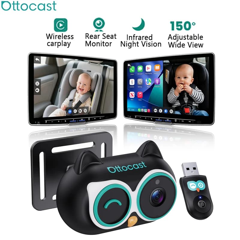 Adattatore Carplay da Cablato a Wireless OTTOCAST Cabin Care con Telecamera per Auto HD 1080P 150° ° Monitor per sedile posteriore con visione notturna grandangolare