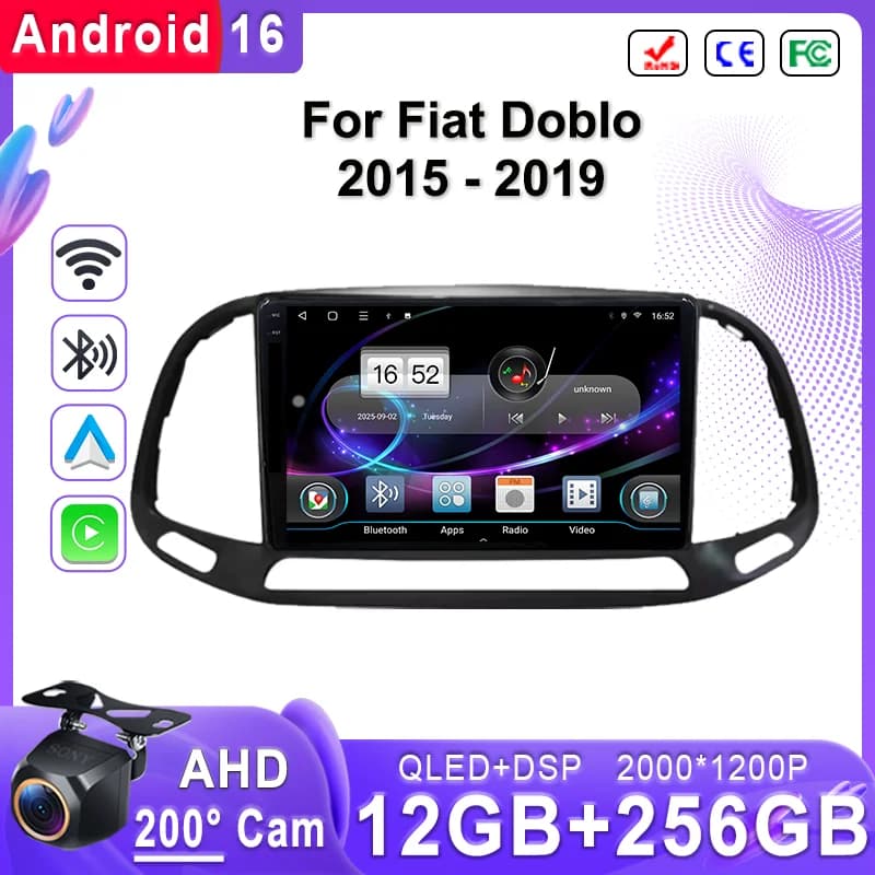 Android 16 2K Incell Screen Multimedia Stereo For Fiat Doblo 2015 - 2019 Plug and Play High-performance CPU GPS Navigation HDR