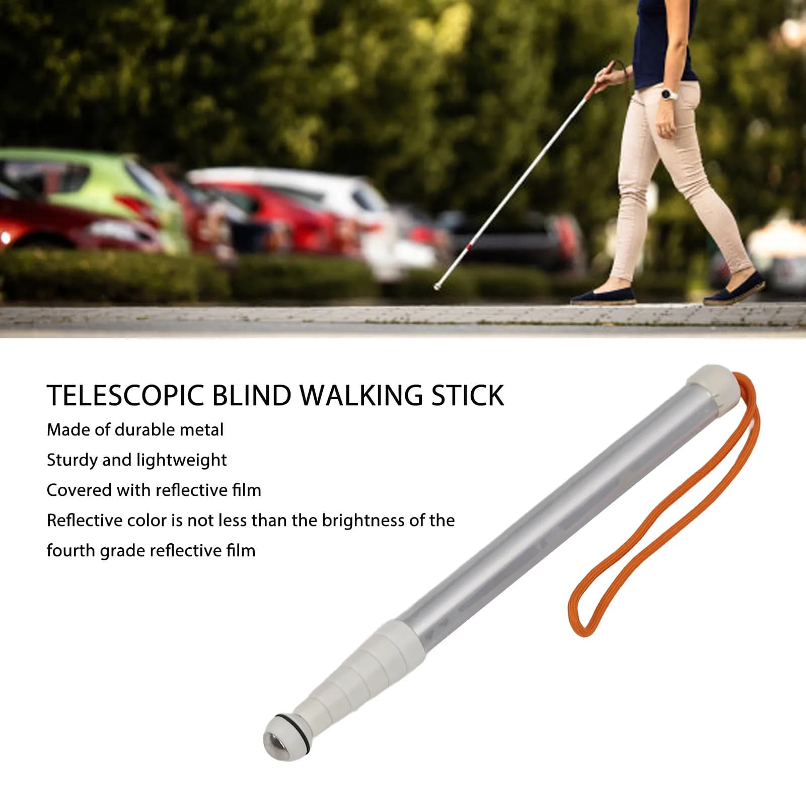 Canna cieca riflettente canna cieca telescopica in metallo antiurto 1.28m portatile con custodia per persone ipovedenti