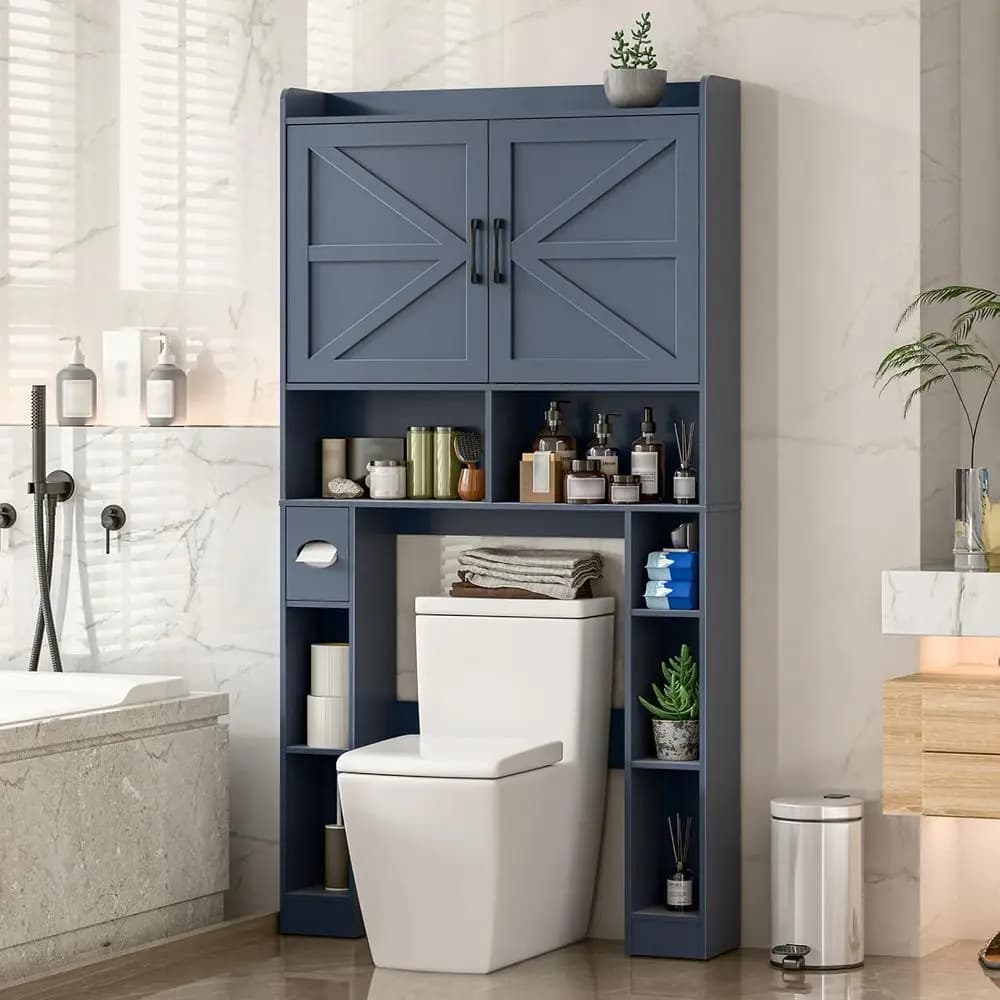 Mobiletto Salvaspazio da Posizionare Sopra il WC con Ripiani, Portarotolo e Portasciugamani per Bagno, Toilette o Lavanderia - Blu