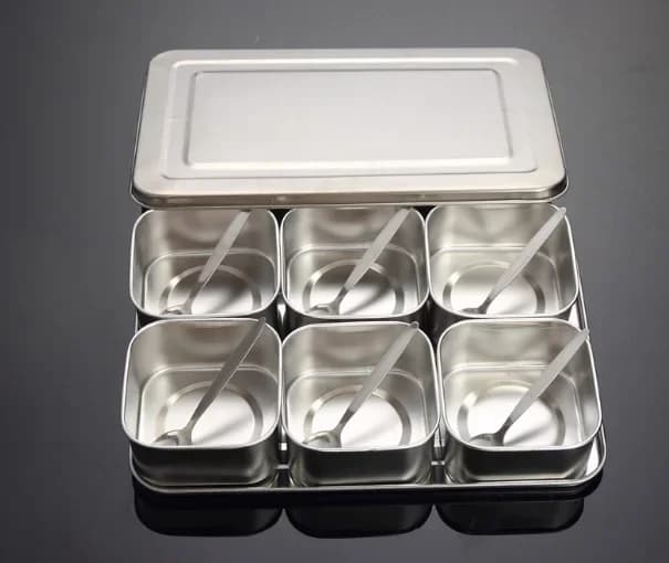 Set di scatole per condimenti in acciaio inossidabile giapponese Barattolo per condimenti creativo 6 griglie 8 griglie opzionali con coperchio Scatola per spezie per la salute della cucina
