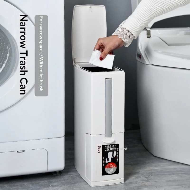 Cestino per Rifiuti da Cucina e Bagno con Coperchio Integrato e Porta Spazzolino WC, Compatto e Salvaspazio