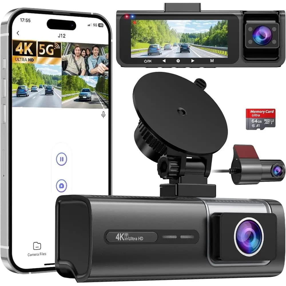 Dash Cam 5G a 3 Canali con Telecamera Frontale 4K e Doppia Posteriore 1080P, Scheda da 64GB, Visione Notturna HDR, Sensore G, Monitoraggio Parcheggio 24/7, WDR, Fino a 1