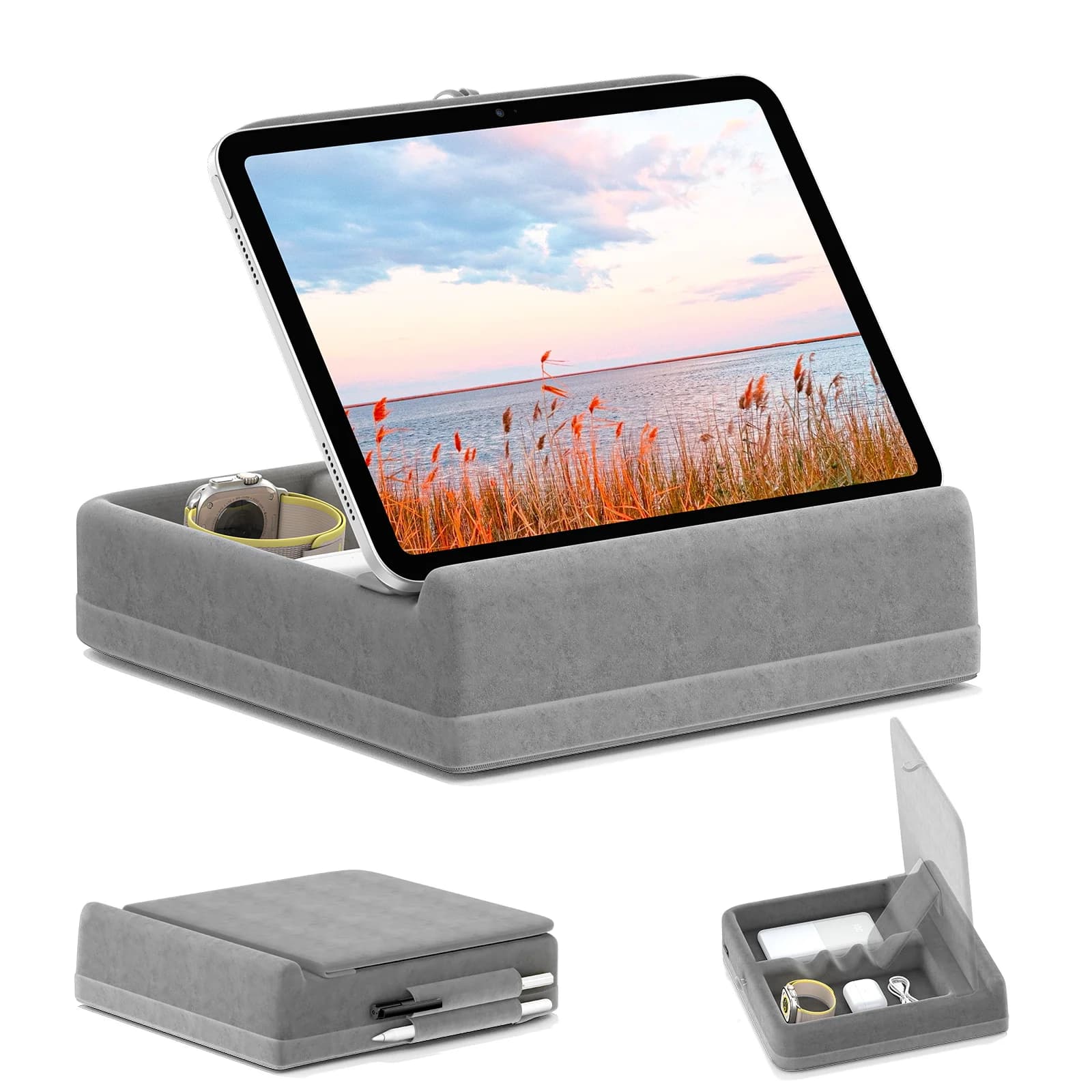 Supporto per cuscino per tablet con supporto per iPad pieghevole per letto, giro e scrivania Dock morbido regolabile ad angolo con supporto per stilo