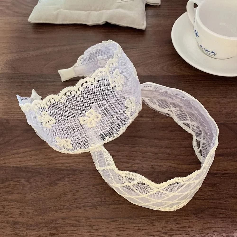 Fascia per capelli in pizzo ricamato stile coreano con fiocco, bordi larghi, accessorio per capelli, copricapo in rete da fata