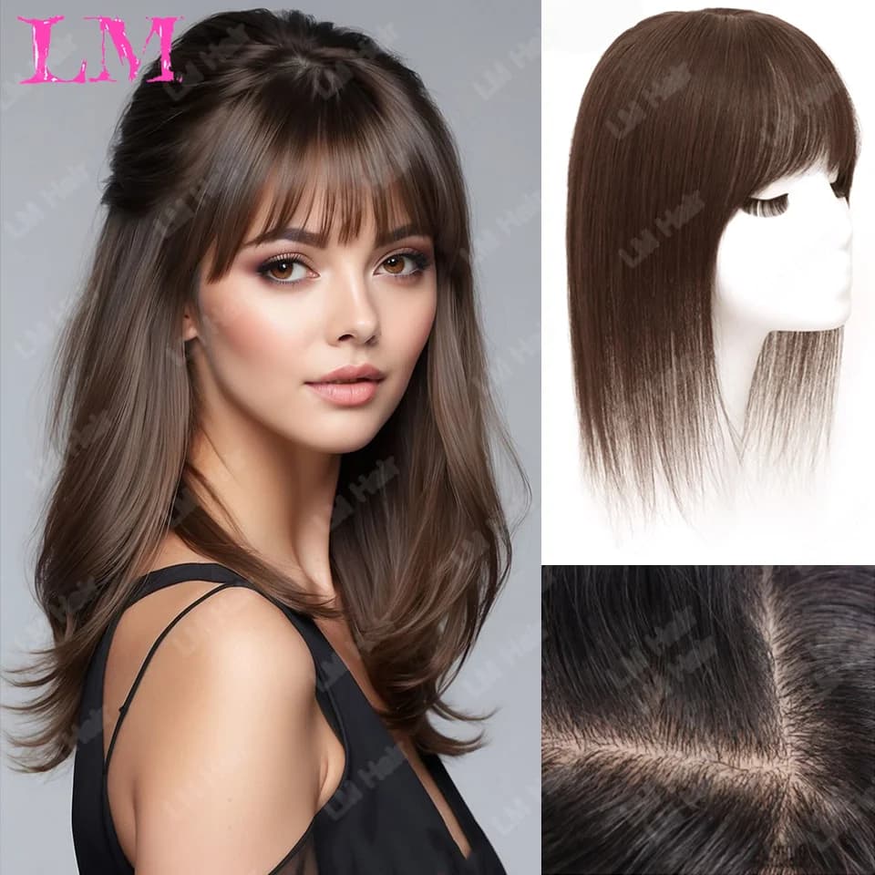 LM Hair Toppers con Frangia per Donna, Parrucche Sintetiche 6x6, Extension Capelli Lunghi Lisci con Clip