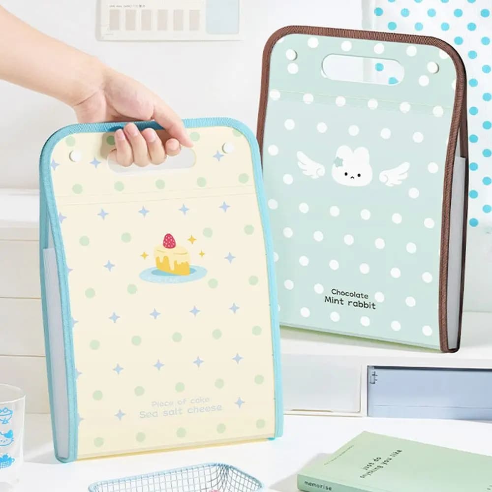 PP Accordion File Organizer Vertical Multi-Compartment Structure Expanding File Folder Cute Pattern Portable Carry Handle