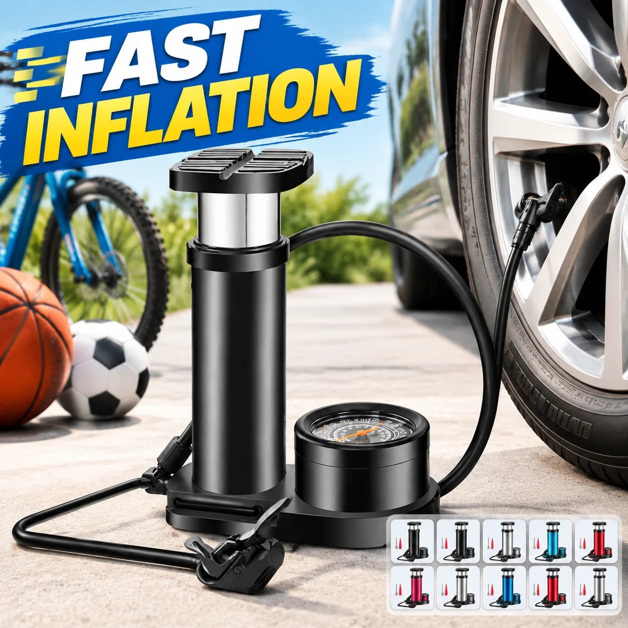 Foot Pump Inflator Portable Double Cylinder Car Bike Bicycle Inflator with Pressure Gauge Mini Hand Free Air Pump