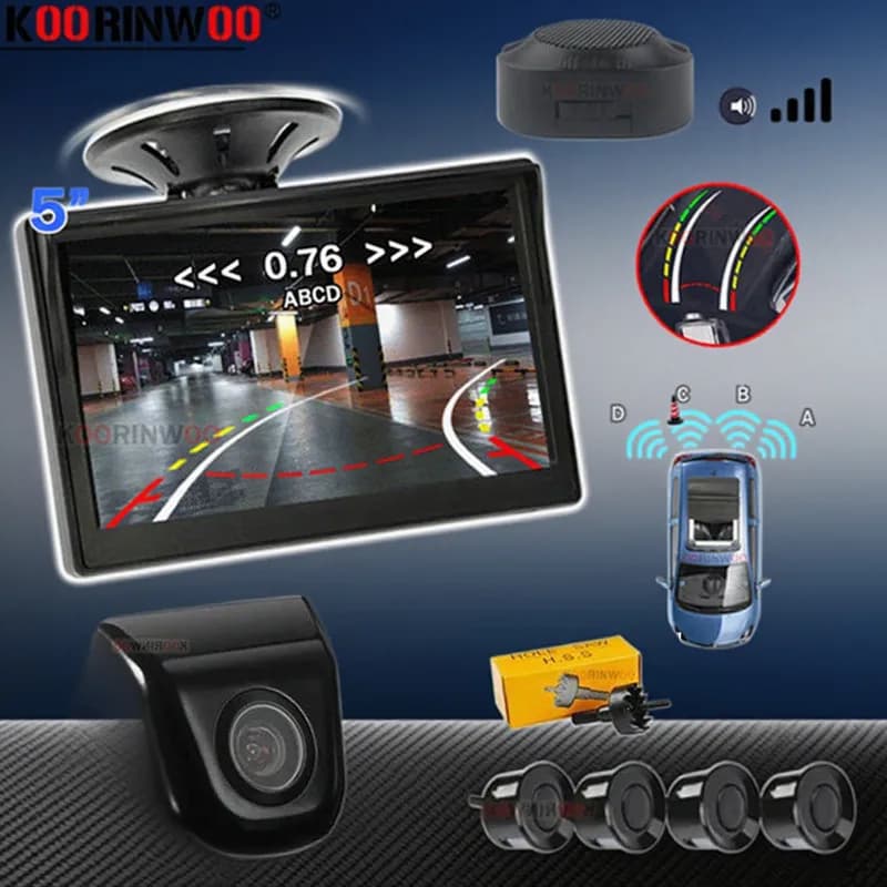 Koorinwoo Sensori di parcheggio per auto wireless 4 Reverse Parktronic Nero/bianco Traiettoria Telecamera di parcheggio mobile con schermo Finestra Dash