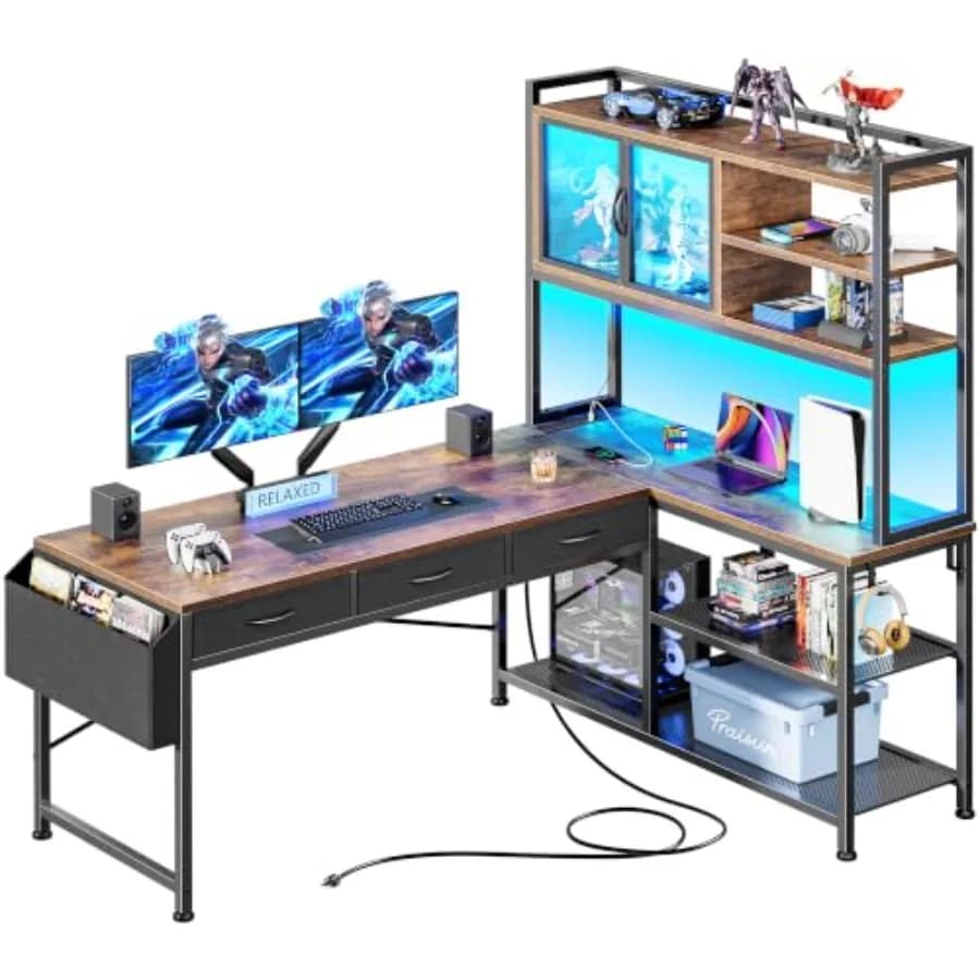 57.5 Inch L Shaped Gaming Desk with Power Outlets and LED Lights
