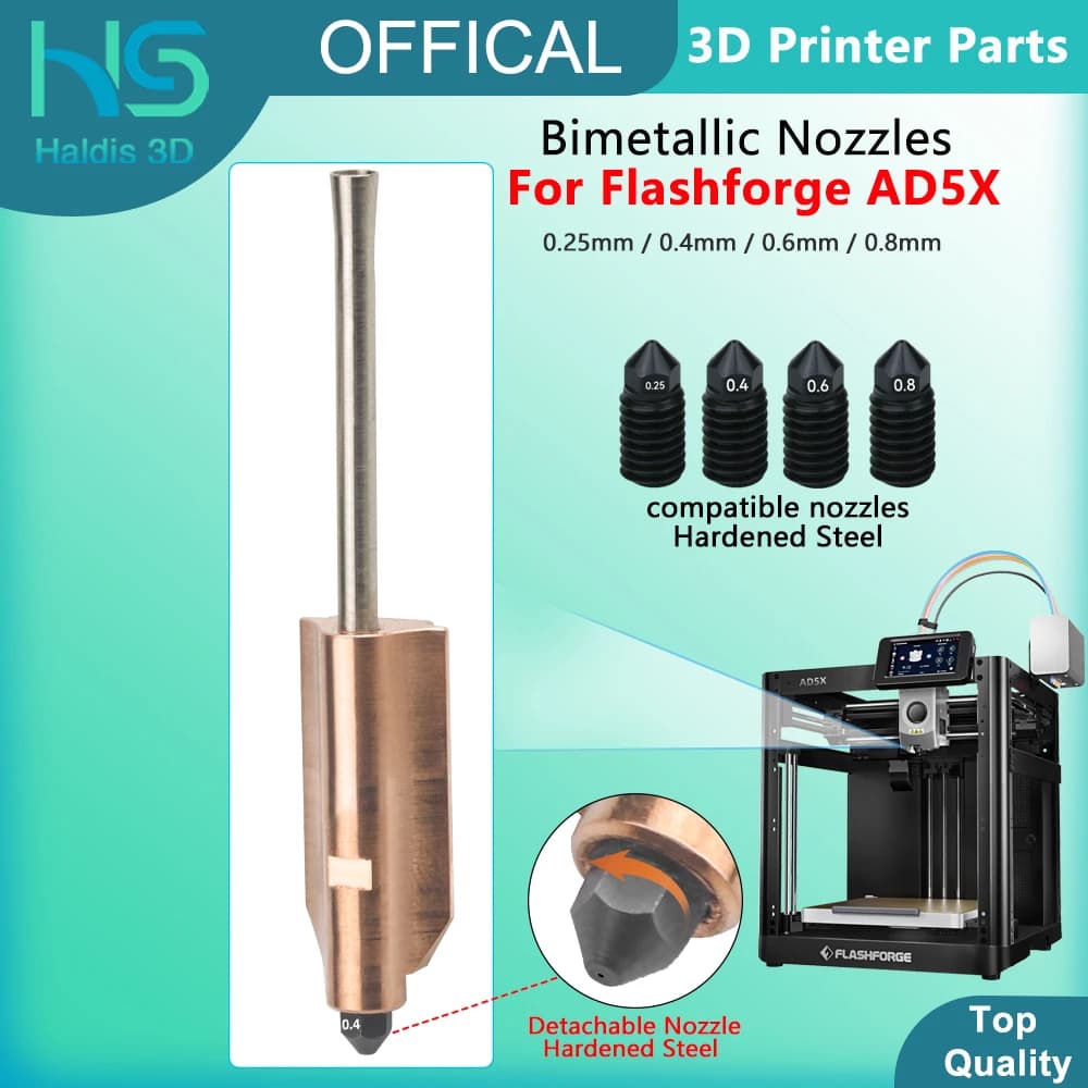 Per Flashforge AD5X Ugelli bimetallici in acciaio temprato 0.25mm 0.4mm 0.6mm 0.8mm Nuovo ugello staccabile aggiornato Parti della stampante 3D