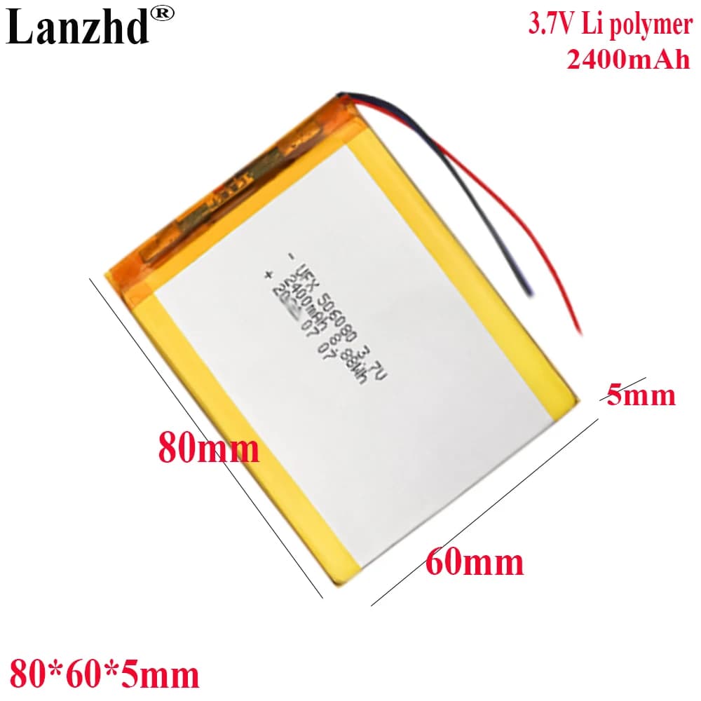 Batteria ai polimeri di litio da 3,7 V 2400 mAh per altoparlante Bluetooth, purificatore d'aria, GPS, torcia, giocattoli, batteria digitale 506080