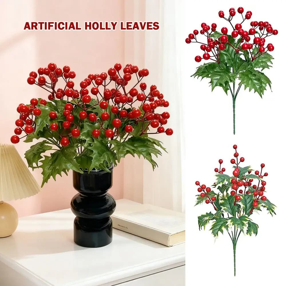 7 branches of artificial christmas berry leaves green foam artificial plant spikes for photo table ornament