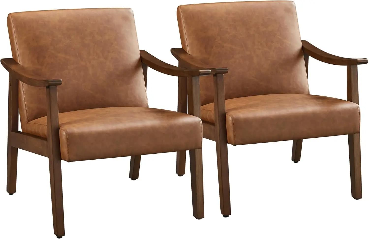 Accent Chairs Set of 2, Mid-Century Faux Leather Armchairs, Brown | Cushioned Club Chairs with Supportive Sloped Backrests and Sturdy Wood Arms Fit Small Living Rooms, Offices, Reading Nook