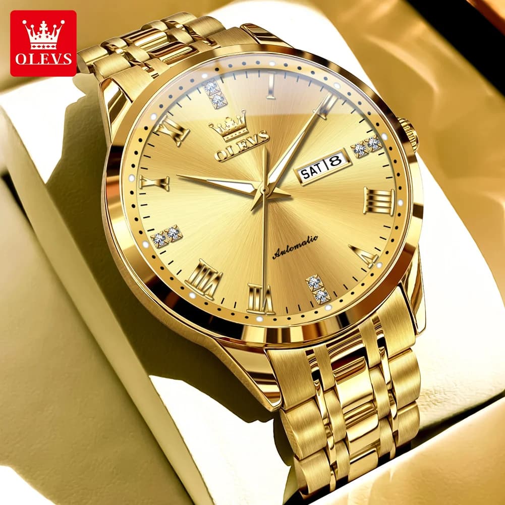 OLEVS Business Gold Orologi da uomo Orologio meccanico automatico di lusso delle migliori marche per uomo Orologio sportivo con data impermeabile Relogio