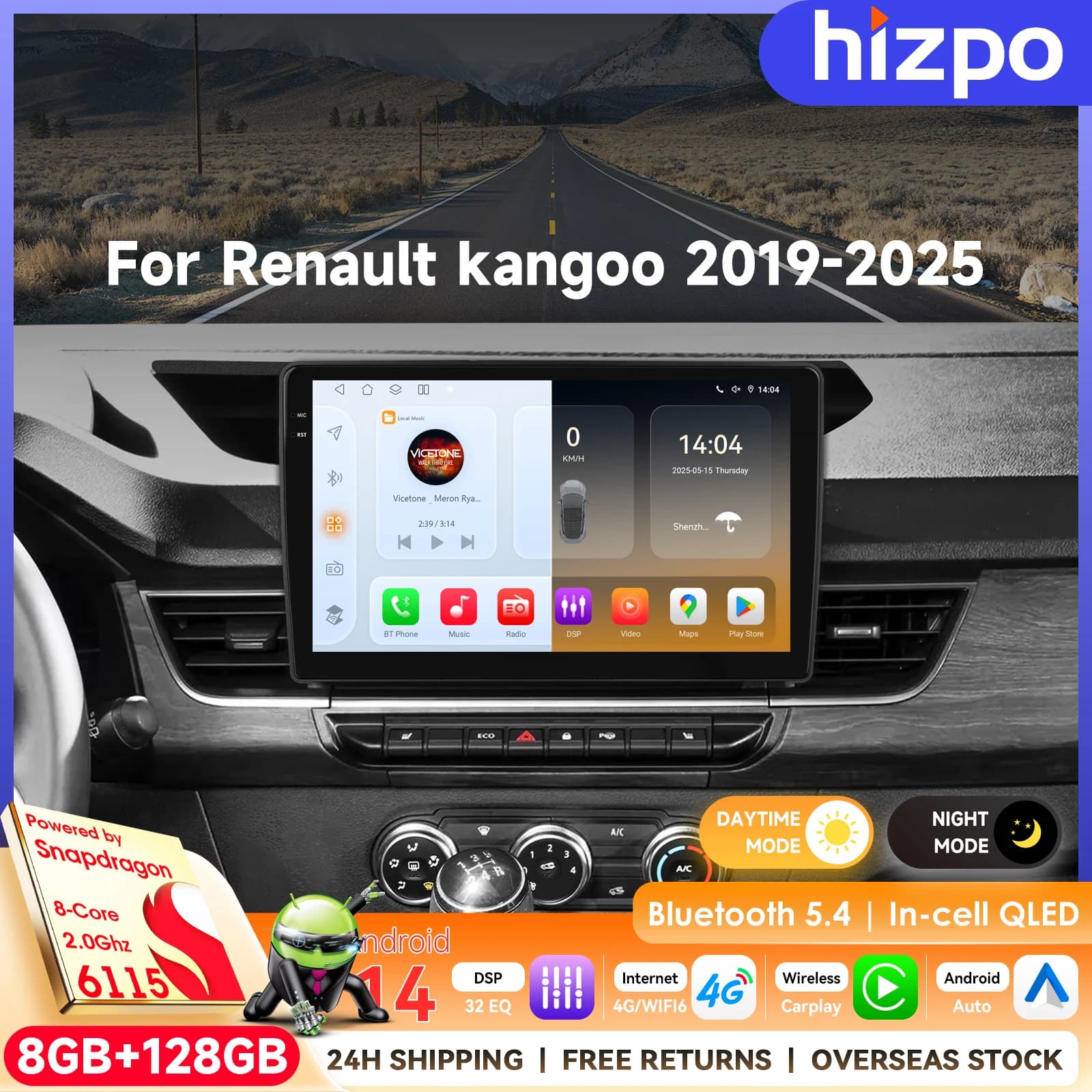 Hizpo Monitor Smart da 10.1" con Schermo QLED per Renault Kangoo 2019-2025, Navigatore Carplay Autoradio GPS WIFI 8+128G