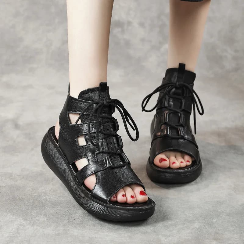 Xiuteng Cowhide Wedge Heel Thick-Soled Roman Shoes Leather Sandals 2022 Summer New Fish Mouth Peep Toe Shoes Women's Sandals