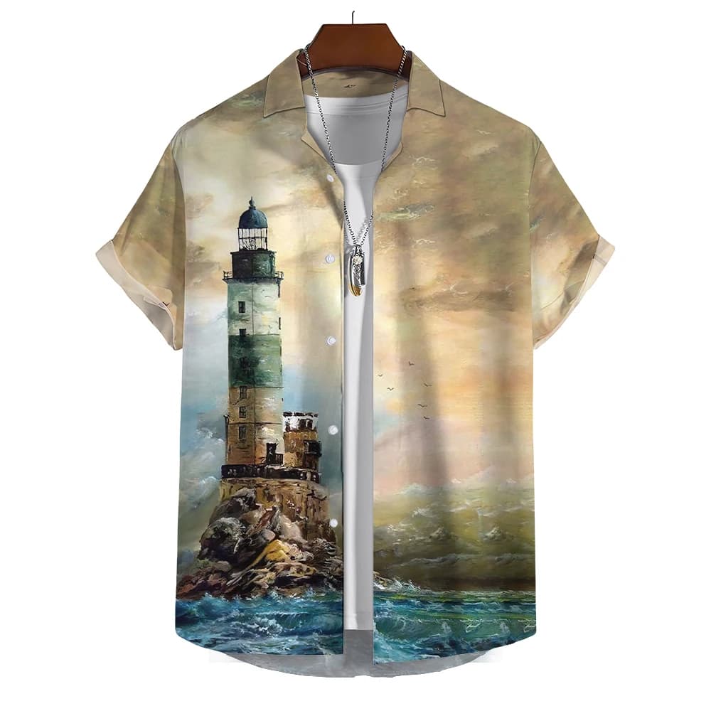 Camicia estiva per uomo faro stampato in 3d abbigliamento da uomo sciolto oversize Beach Party top a maniche corte felpa Hawaii