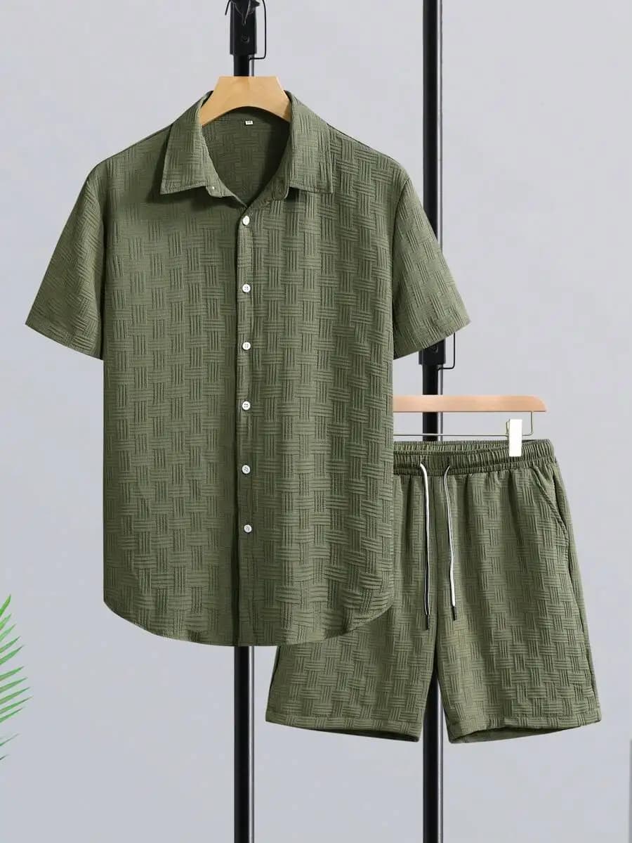 Manfinity RSRT Men's Mature Vacation Short Sleeve Shirt Set, Men Striped Shirt & Drawstring Waist Shorts Without Tee, Linen,