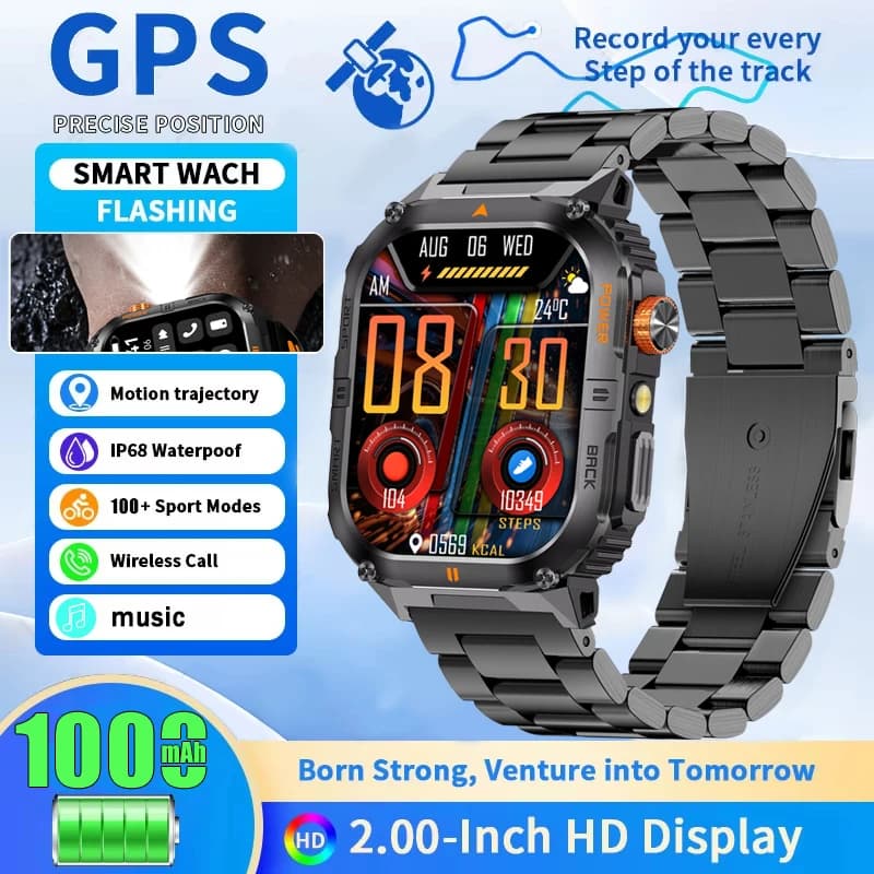 New 2026 Military New SmartWatch Man Outdoor Sports Waterproof GPS Tracker LED Bluetooth Called Health Monitor Man Classic Gift
