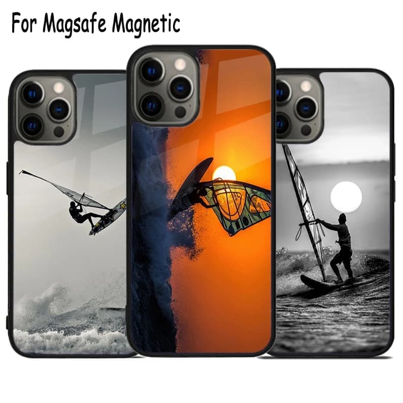 Custodia Magnetica Wireless Magsafe per iPhone 17 Air 15 16 16e 14 13 11 12 Pro Max Plus, Tema Windsurf e Sport Estremi