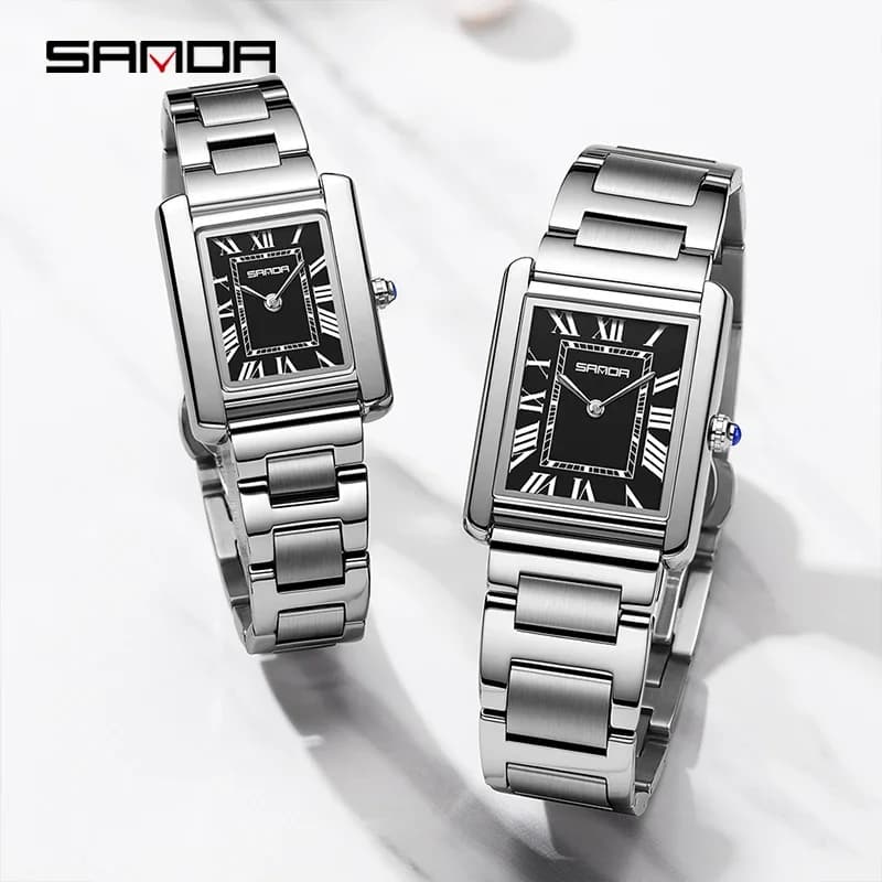 SANDA Couple Tank Quartz Watch Waterproof Fashion Couple Watch Wear Resistant Stainless Strap Square Dial Design Women Lady Gift