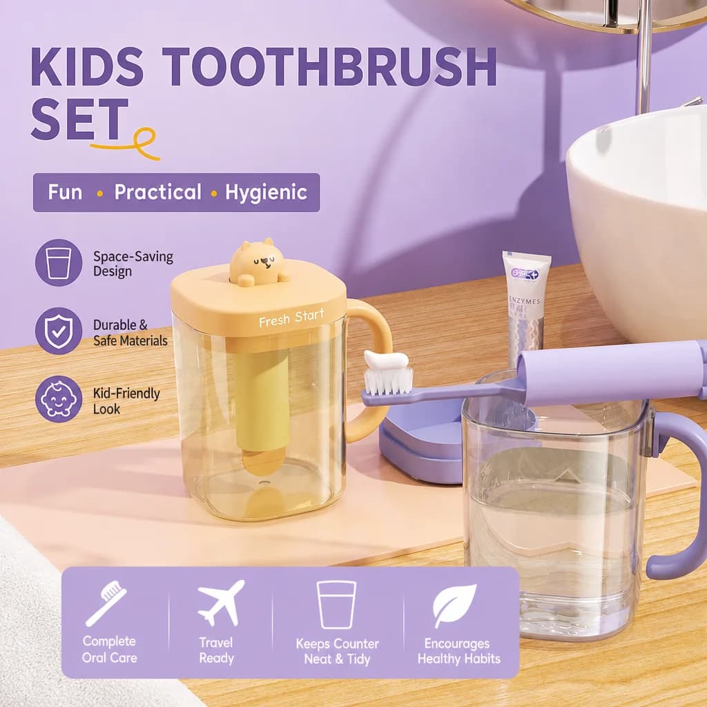 Kids Travel Toothbrush Kit with Cute Cat Cup, Hygienic Toothbrush & Toothpaste Holder, Portable Bathroom Storage Set