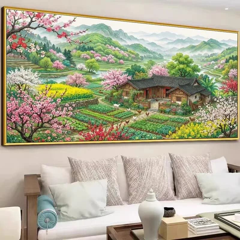 9CT 14ct Countryside Printed Kit Cross Stitch Embroidery DIY Needlework Crafts With Needles Threads 81 Colors