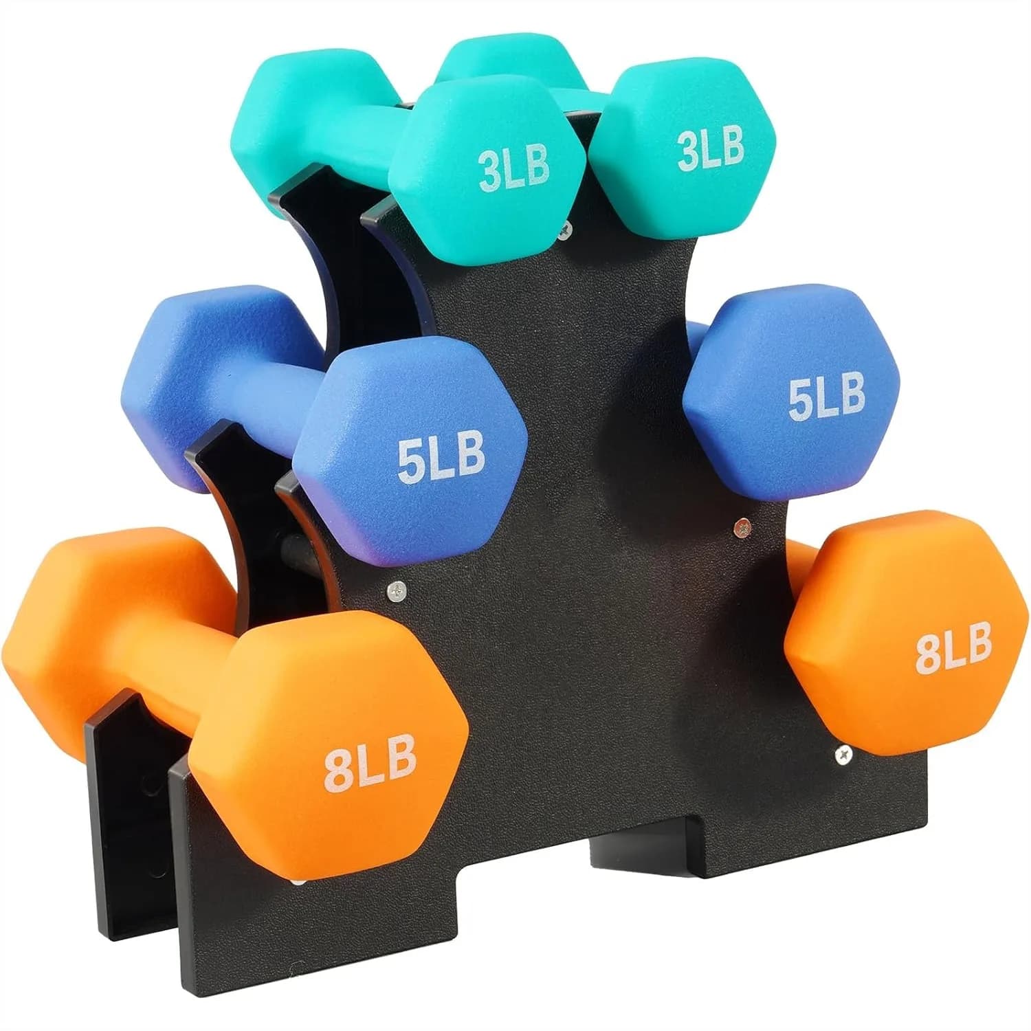 Set di manubri rivestiti in neoprene con supporto, pesi a mano gratuiti per palestra domestica, antiscivolo, forma esagonale, coppie da 3/5/8 libbre