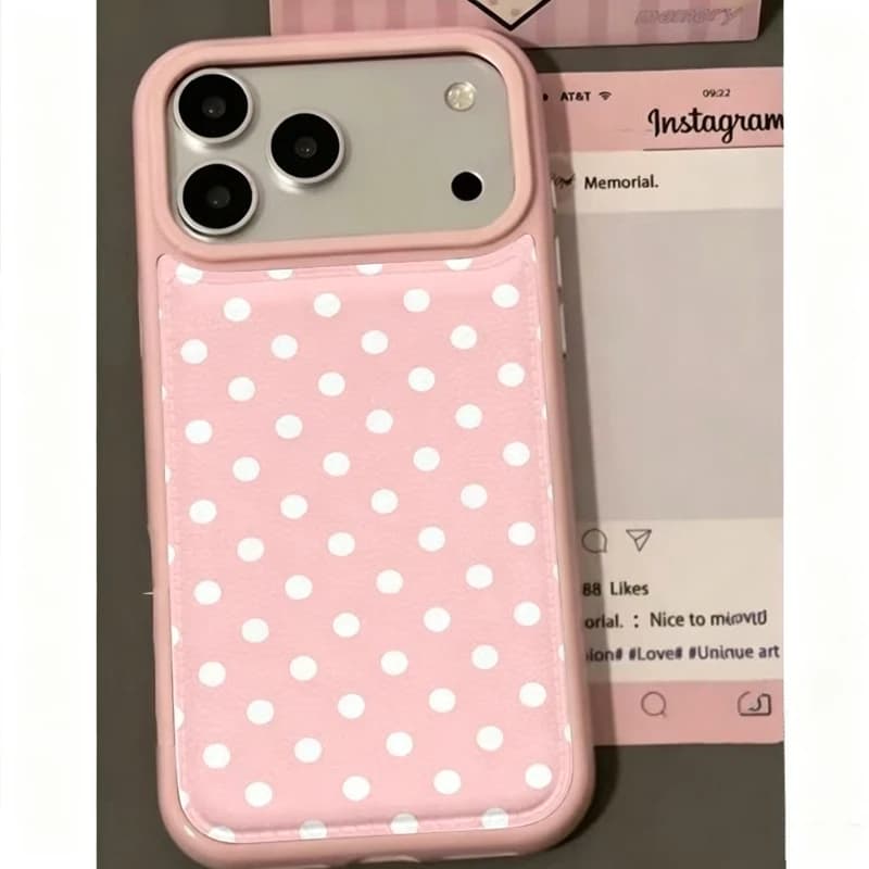 Ins Korean Trendy Cute Pink Polka Dots Pattern Leather Phone Case For iPhone 17 Air 16 15 14 13 12 11Pro Max Plus Y2K Back Cover