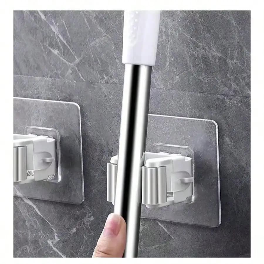 No Drill Mop And Broom Holder Self Adhesive Wall Mount Organizer Heavy Duty Broom Gripper Hooks Damage Free For Laundry Room Bathroom Garage Kitchen